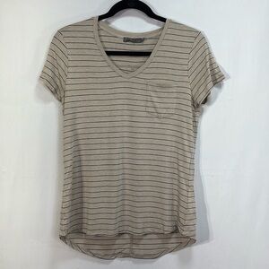 🌈 Prana tan V-neck, short sleeve T-shirt with thin, black horizontal stripes.